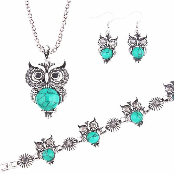 wholesale free shipping Turquoise owl Inlaid Turquoise Necklace Earrings bracelets Set fashion jewelry sets