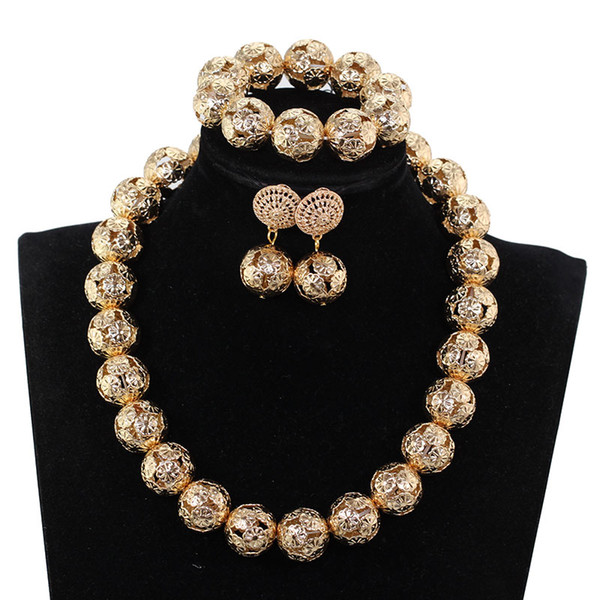 Golden Flower Beads Nigeria Wedding Jewelry Set African Gold Beads Single String Short Necklace 2018 New Free Shipping P84-6