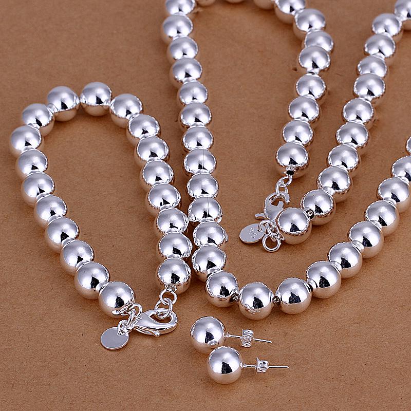 Fashion Jewelry Set 925 Silver plated 10MM bead necklace & bracelet & earrings free shipping for women party style Top Quality