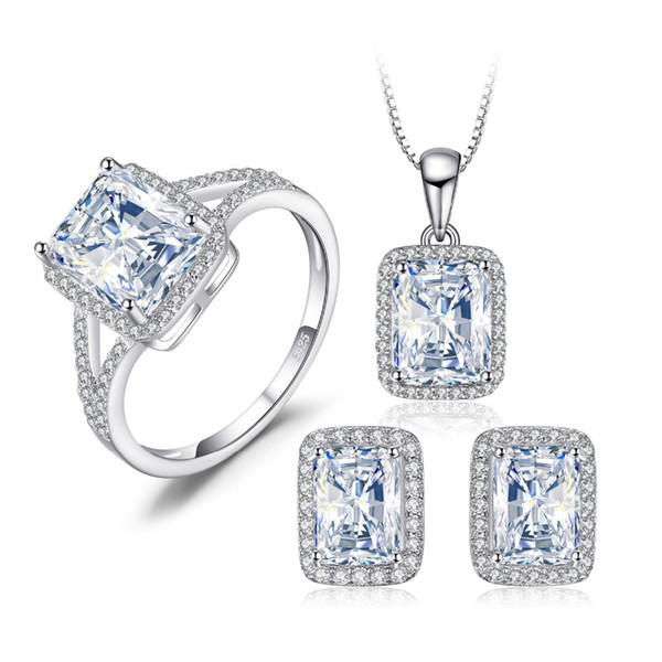 JewelryPalace Classic 7.7ct Rectangle Cubic Zirconia Engagement Wedding Ring Stud Earrings Jewelry Sets 925 Sterling Silver 45cm