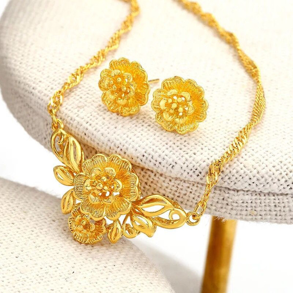 (220S) Wedding Jewelry Flower Necklace and Earring set For Bridal 24k Pure Gold Plated High Quality