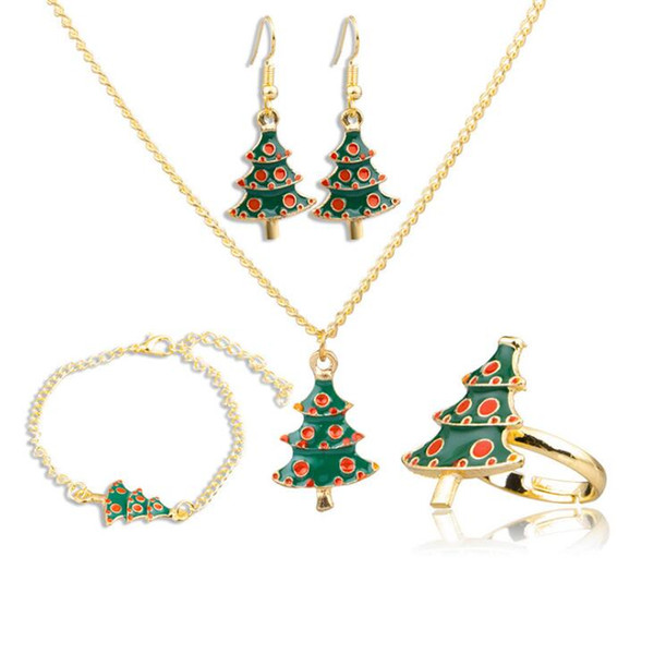 Christmas Jewelry Sets New Fashion Cartoon Christmas Trees Necklace Bracelet Earrings Ring Sets Women Christmas Decoration Jewelry