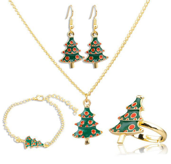 Christmas Jewelry Sets New Fashion Cartoon Christmas Trees Necklace Bracelet Earrings Ring Sets Women Christmas Decoration Jewelry