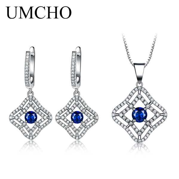 UMCHO Blue Sapphire Gemstone Jewelry Sets Pendant Necklace Clip Earrings For Women 925 Sterling Silver Wedding Sapphire Jewelry