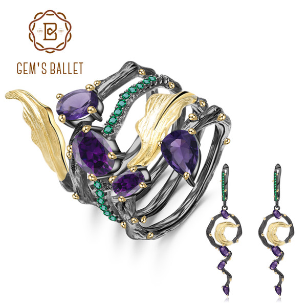 GEM'S BALLET 3.19Ct Natural Amethyst Earrings Ring Set 925 Sterling Silver Vintage Gothic Jewelry Set For Women Fine Jewelry