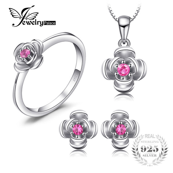 JewelryPalace Promise Love Rose In B Round Created Red Ruby Pendant Ring Stud Earrings 925 Sterling Silver Jewelry Sets Gift