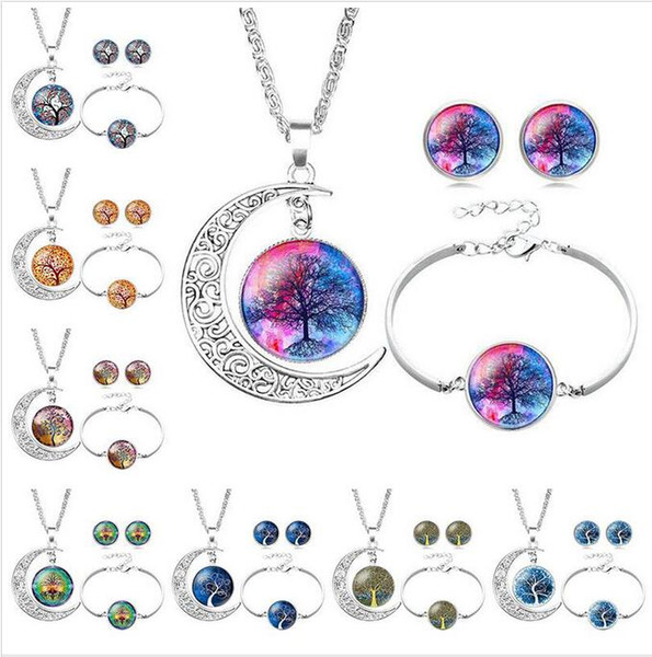 Tree of Life Necklace Bracelet Stud Earrings Jewelry Sets Glass Cabochon Necklace Chains Fashion Jewelry for Women Kids free ship