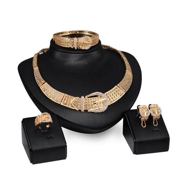 Dubai 18K Gold Pendant Buckle Necklace Sets Fashion African Diamond Wedding Bridal Jewelry Sets (Necklace + Bracelet + Earrings +Ring)