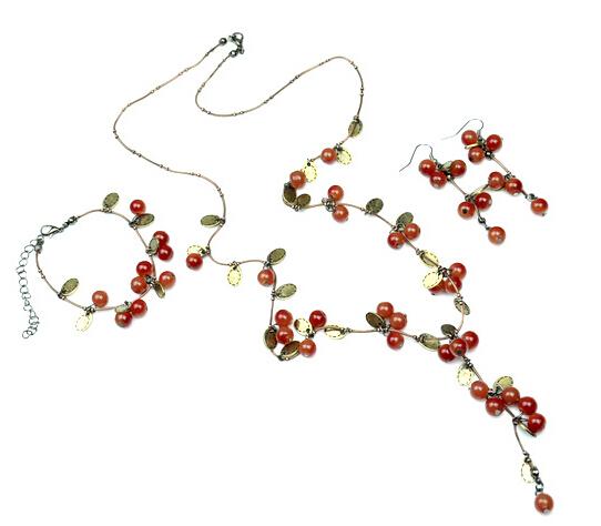 Fashion Sweet Vintage Jewelry Red Acrylic Bead Cherry String Long Necklace Bracelet Earring Jewelry Set Wholesale 10 Sets