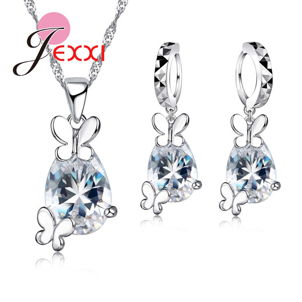 Lovely Butterfly CZ Crystal Wedding Jewelry Set Gem Jewelry Set Drop Water Pendant Necklace Earrings Set925 Sterling Silver