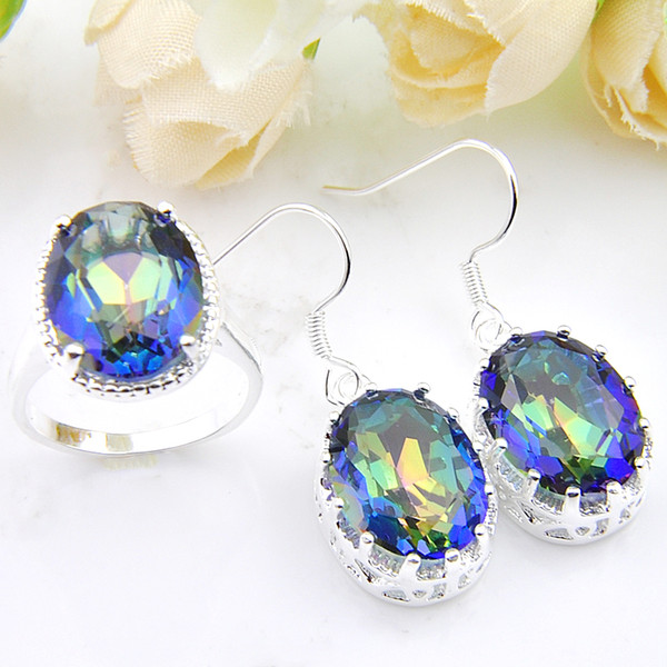 Small Clear Crystal Colorful Ring & Earrings Set Wedding Jewelry Silver High Quality Bride Jewelry Set - Free shipping E0248 R0390