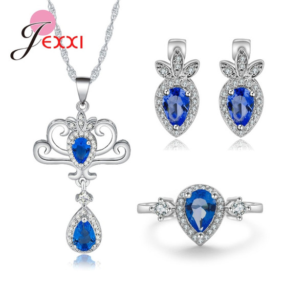 Jemmin Shinning Blue Cubic Zirconia For Ladies Precious High Quality Engagement 925 Sterling Sliver Necklace Earring Rings Set