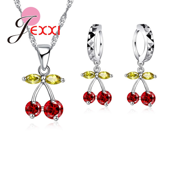 Jemmin Party Gift Colorized Crystal Women Jewelry Sets 925 Sterling Silver Necklace Earrings Cherry Design Dangle Pendants