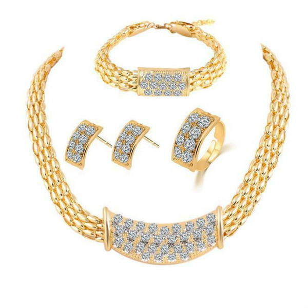 New Guarantee 18K Gold Filled Luxury Jewelry Sets Wedding Bridal Necklace Earrings Bracelet Ring Women Jewellry Sets High Quality