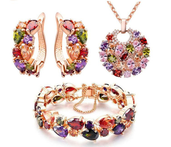 Luxury Mona Lisa Colorful ZirconJewelry Set for Women Crystal Necklace Ring Earrings Rose Gold Color Jewelry Sets