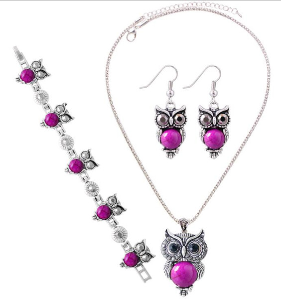 Fashion Women Jewelry Sets Owl Animal Alloy Earrings Necklace and Bracelet Jewelry Set for dress Party Gift