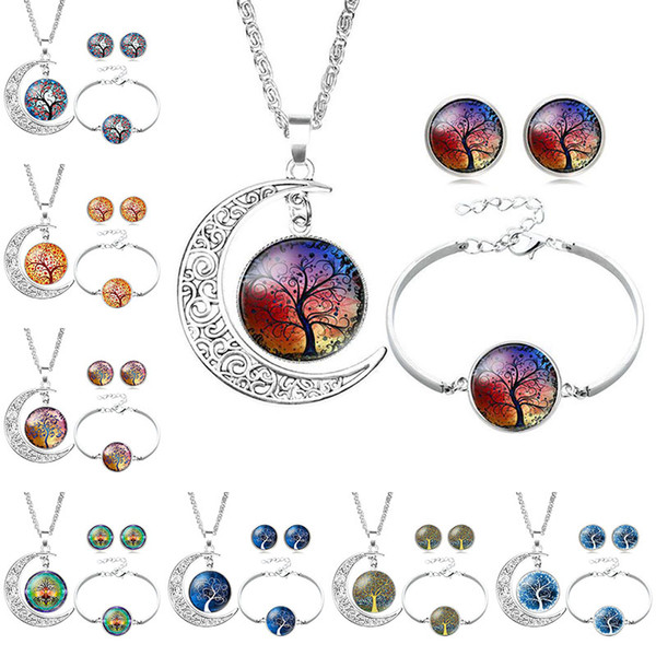 Tree of Life Glass Cabochon Necklace Bracelet Earrings Jewelry Sets Silver Moon Time Gemstone Cabochon Jewelry for Women Child Drop Shipping