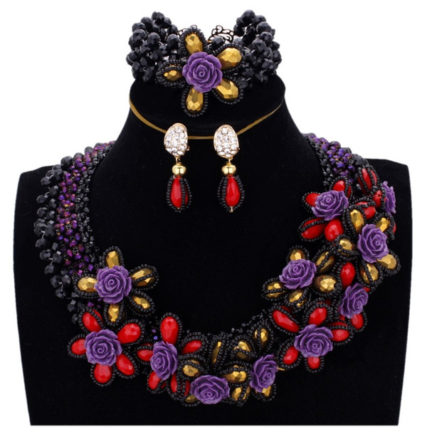 wholesale Black & Purple Jewellery Set African With Red & Gold Flowers Women Wedding Jewelry Sets Free Shipping Nigerian Bead