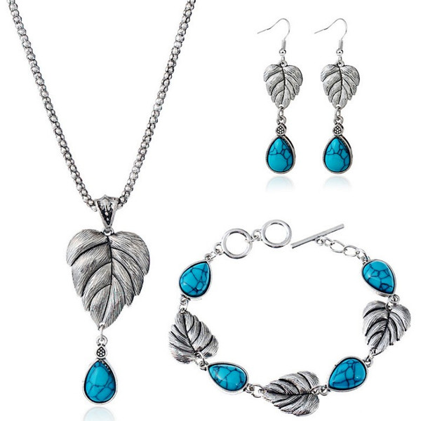 CREATIVE TREE LEAF TURQUOISE NECKLACE BRACELET EARRING 3IN1 JEWELRY SET FASHION WEDDING BRIDE OL NECKLACES EARRINGS BRACELETS 3IN1 SET