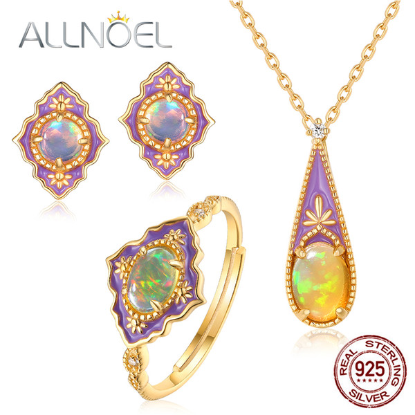 ALLNOEL Real Opal Enamel Jewelry Set Natural Gemstone Luxury Pendants Necklace Stud Earrings Rings 925 Sterling Silver Jewellry