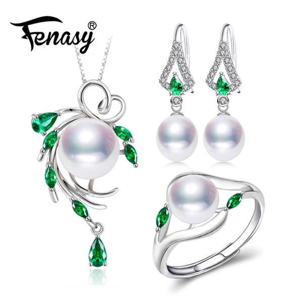 FENASY 925 Sterling Silver jewelry sets for women,Emerald drop earrings,natural pearl pendants&necklaces engagement ring set