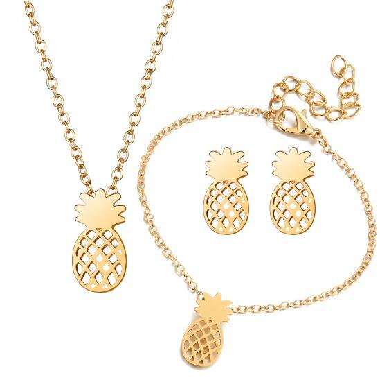 New golden hollow-out pineapple necklace earrings bracelet set alloy pineapple earrings pendant necklace bracelet set Free Shipping