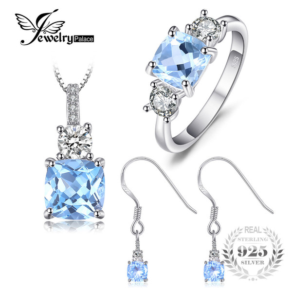 JewelryPalace Classic 6ct Genuine Blue Topaz 3 Stone Ring Pendant Necklace Drop Earrings Jewelry Sets 925 Sterling Silver 45cm