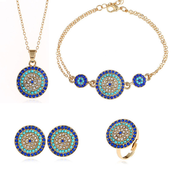 Devil's Eye Necklace Earrings Set of 4 Round Blue Jewelry Wholesale Clothing