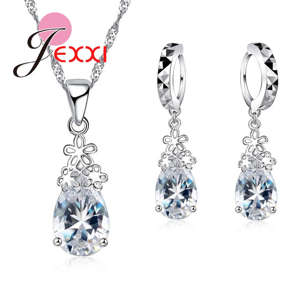 Fashion 925 Sterling Silver Water Drop Clear Crystal Necklace Earrings Set Women Female Wedding Engagement Jewelry Set Gift