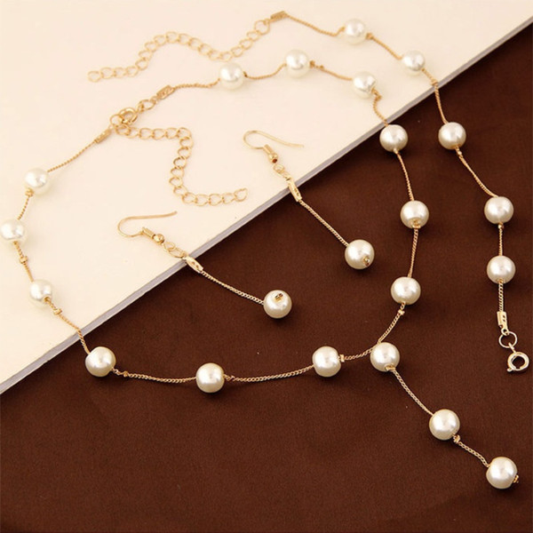 Sweet jewellery set for office lady elegant imitation pearl necklace bracelet earring set for woman free shipping