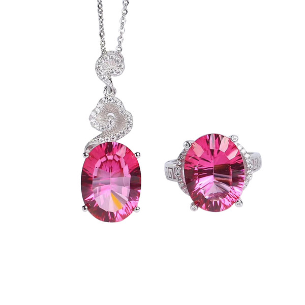 wholesale brand zircon 925 sterling silver natural gemstone pink topaz crystal ring pendant necklace jewelry set