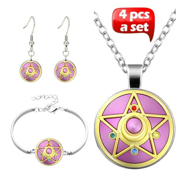 Sailor Moon Glass Cabochon Necklace & Earrings & Bangle Set(Totally 4 Pcs)Jewelry Necklace Stud Earrings