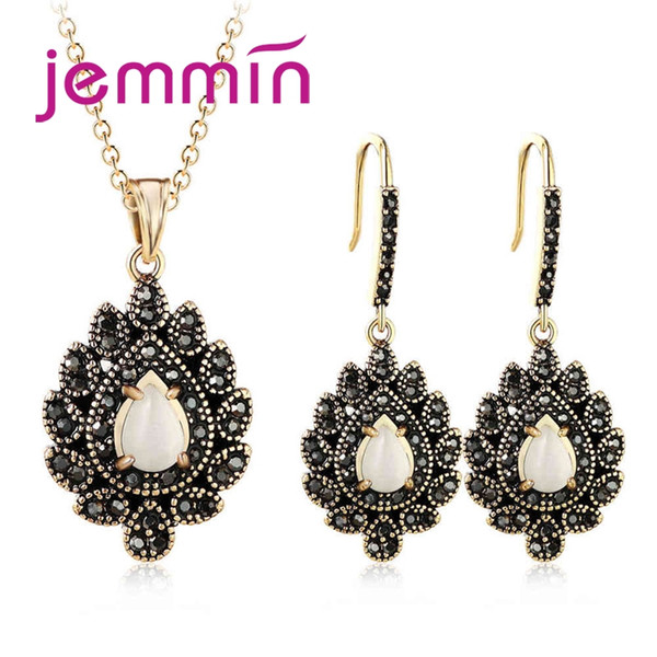 JEMMIN Vintage Exquisite Big Oval CZ Stone Sparkling 925 Sterling Silver Jewelry Sets For Woman Girls Trendy Banquet Accessories