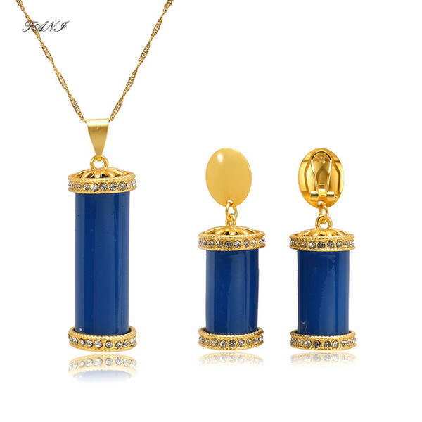 wholesale Necklace Earrings Gold Colorful Cylinder Jewelry Set For Women Vintage Bridal Wedding Accessories jewelry set Wholesale