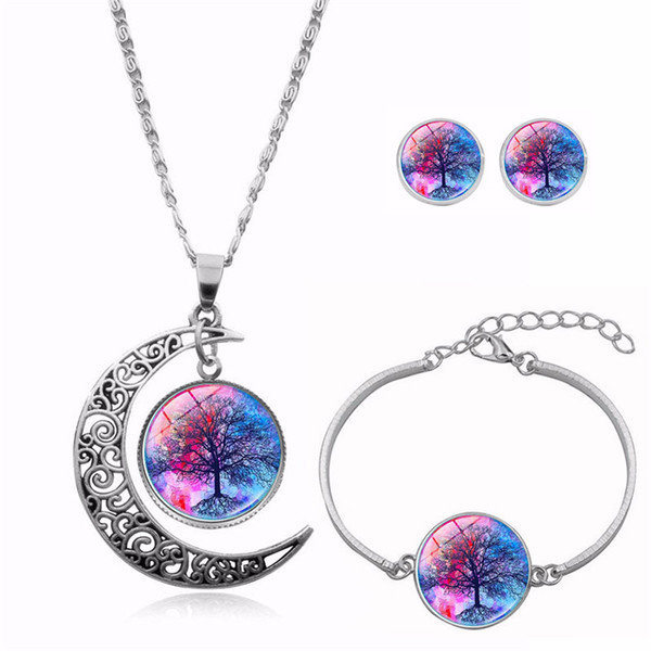 Tree of Life Necklace Bracelet Stud Earrings Jewelry Sets Glass Cabochon Necklace Chains Fashion Jewelry for Women Kids dhl free ship