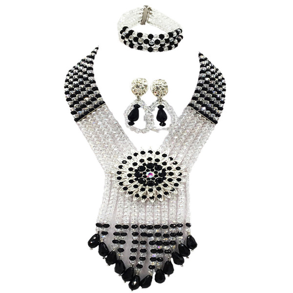 Black and Clear AB Nigerian Wedding African Beads Jewelry Set Crystal Necklace Bracelet Earrings 6SDLS08