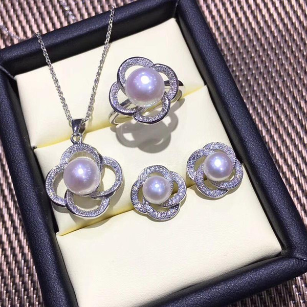 FENASY Pearl Jewelry Pearl Pendant Necklace 925 Sterling Silver Stud Earrings For Women Big Flower Ring Bridal Jewelry Sets