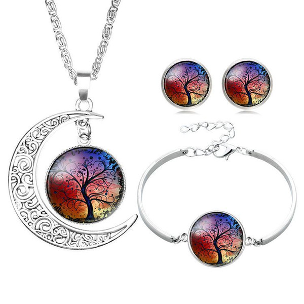 New Tree of Life Jewelry sets Glass Cabochon Moon Time Gemstone Pendant Necklaces Bracelet Stud Earrings For women Fashion Jewelry Gift