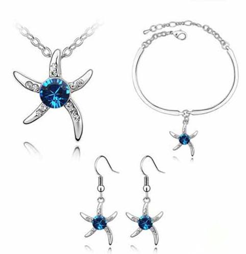 925 Silver Sea Star Pendant Necklace+Earrings+bracelet Fashion Jewelry Set 5 set three pieces of exquisite crystal jewelry