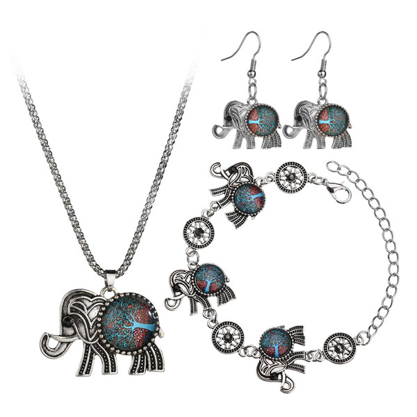 Elephant Pendant Stone Jewelry Sets Necklace Bracelet Earrings Ring For Women Vintage Antique Silver Plated Gift N1349