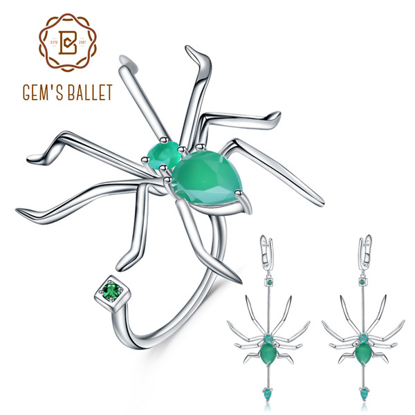 GEM'S BALLET 925 Sterling Silver Spider Shape Jewelry Set Natural Green Agate Gemstone Earrings Ring Set For Women Fine Jewelry