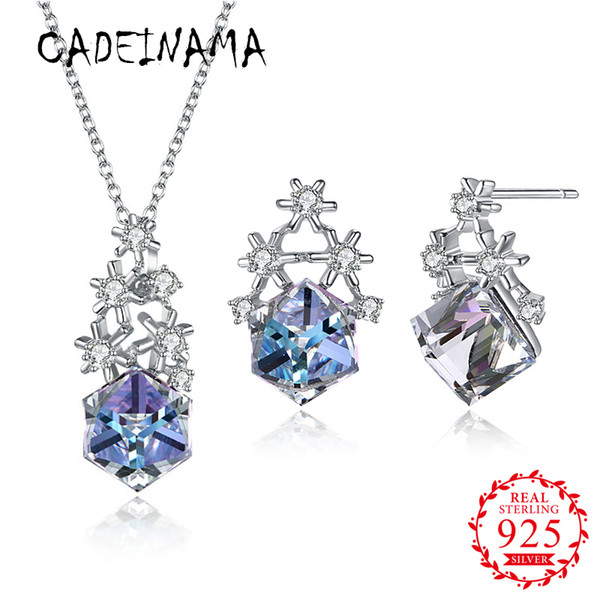 CADEINAMA Fashion Snowflake Austria Crystal Pendant Necklace Stud Earrings Set 925 Sterling Silver Girl Women Fine Jewelry Party