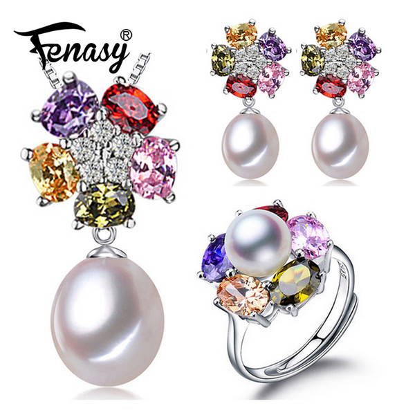 FENASY pink crystal Pearl Jewelry Sets flower s925 sterling silver Pearl Earrings ring Pendants for women party anniversary gift