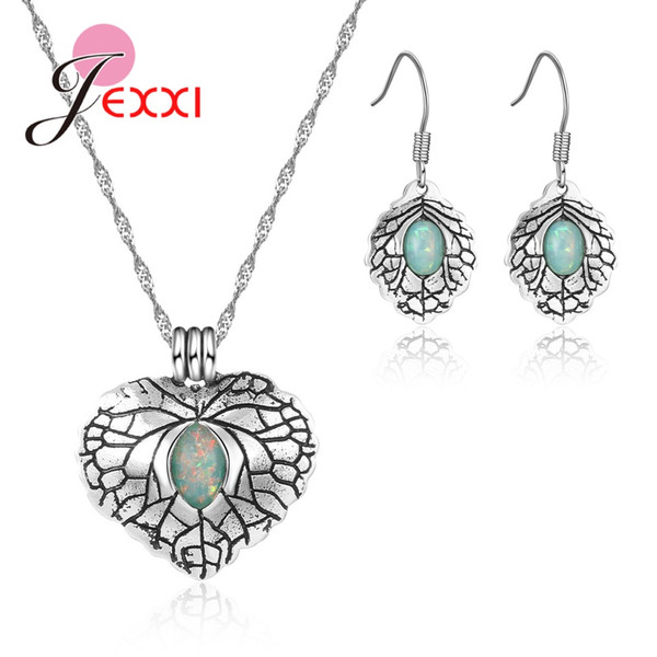 Jemmin Explosion Jewelry Retro Set 925 Sterling Silver Heart Shape Green Crystal Zircon Earrings Necklace Holiday Party