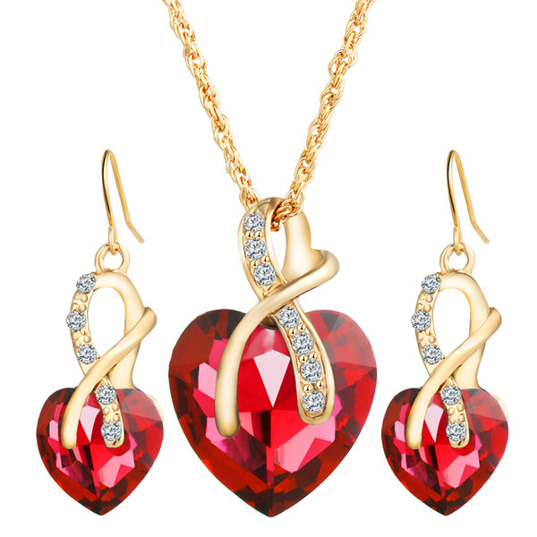 Fashion Jewelry 4 colors Austrian Crystal Heart Pendant Necklace Earring Set Women Gold Color Love Necklaces & Pendants Jewelry for Women