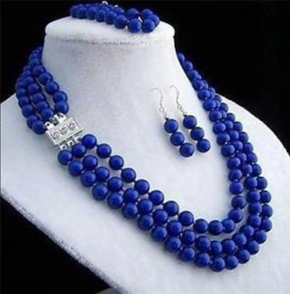 8mm 3rows lapis lazuli necklace bracelet earring sets