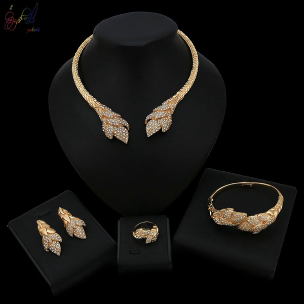 2019 New Listing Crystal Covered Quality Jewellery Latest Design Four Pcs Alloy Gold Color Jewelry Set for Women Wedding