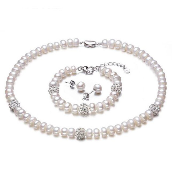 New White Color Pearl necklace Sets 8-9mm White Natural Pearl Jewelry 925 sterling silver jewelry For Women