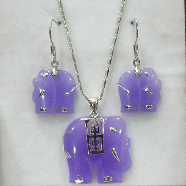 Fashion jewelry Set AAA Purple Jade Carving Elephant Pendant Necklace +Earring