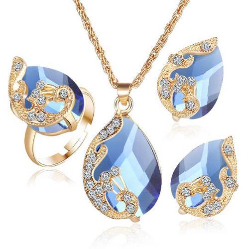 Necklace earrings ring suit women wholesale gold plated Austrian crystal droplets peacock three-piece suit a pendant